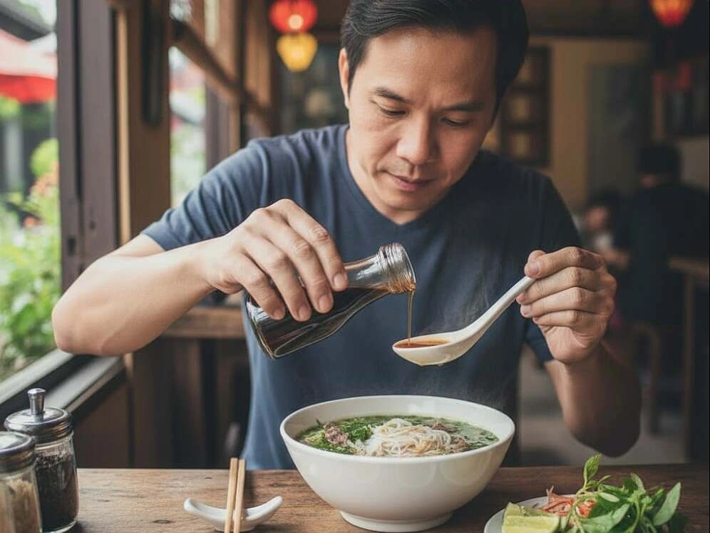 rưới nước mắm lên phở